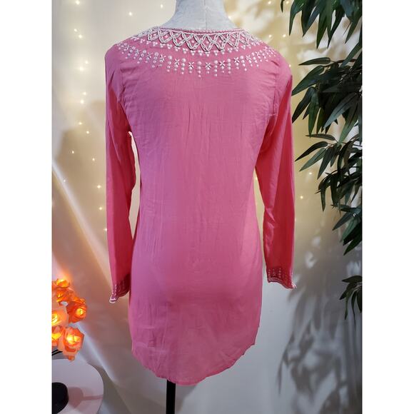 Sachin + Babi for Ankasa Women's S Embroidered 100% Cotton Pink Boho Tunic Top - Picture 3 of 8